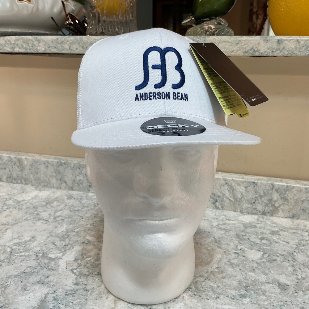 Anderson Bean Hat Decky 5010 OSFM White Blue Embroidered Logo Mesh Trucker Cap